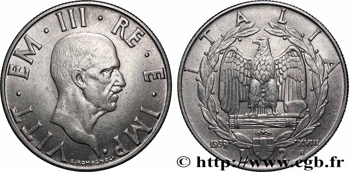 ITALIEN 2 Lire Victor Emmanuel III an XVIII 1939 Rome SS 