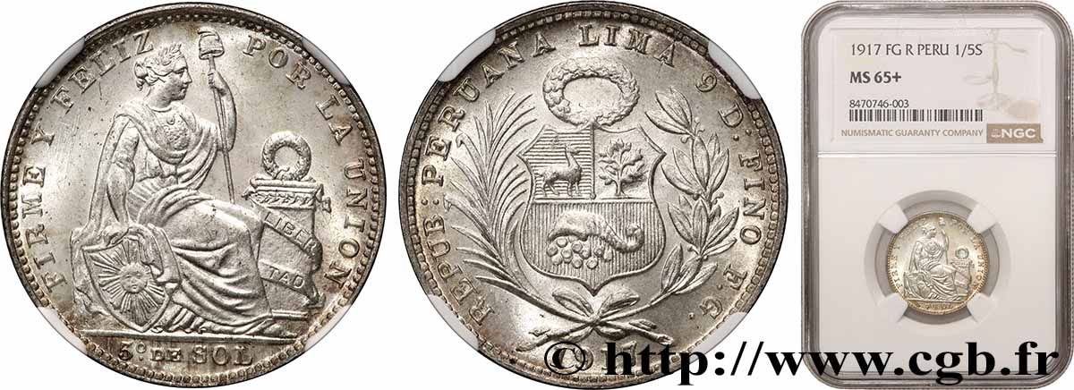 PERU 1/5 Sol “Liberté” 1917 Lima MS65 NGC
