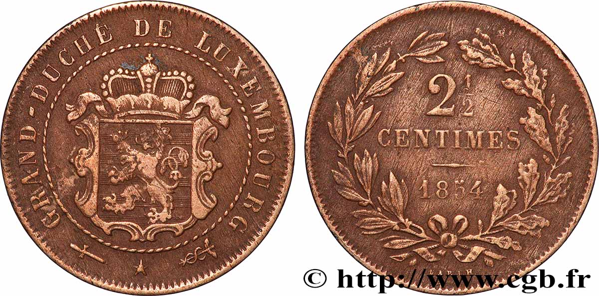 LUXEMBURGO 2 1/2 Centimes écu couronné 1854 Utrecht BC+ 