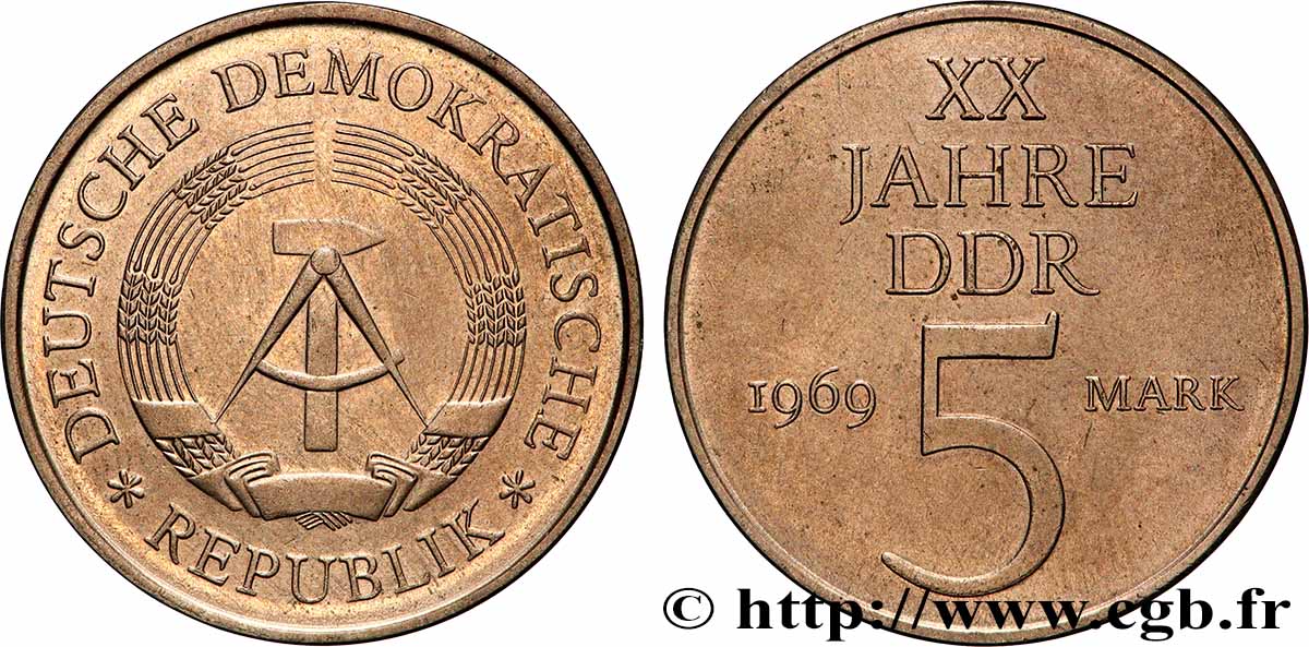 ALLEMAGNE RÉPUBLIQUE DÉMOCRATIQUE 5 Mark 20e anniversaire de la fondation de la RDA 1969 Berlin SUP 