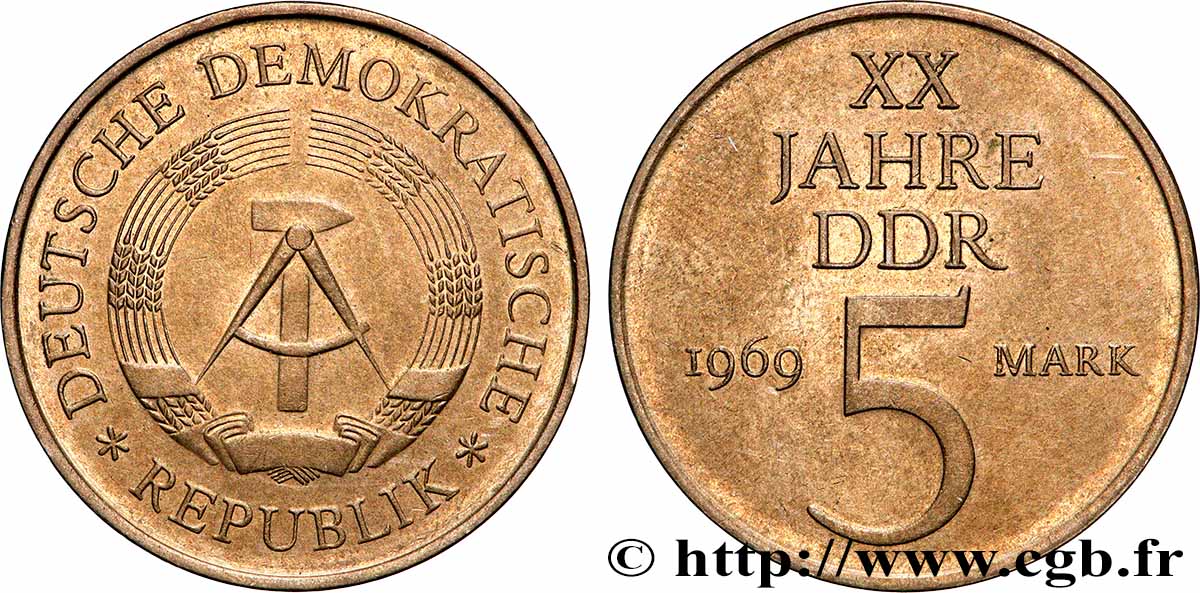 REPUBBLICA DEMOCRATICA TEDESCA 5 Mark 20e anniversaire de la fondation de la RDA 1969 Berlin SPL 