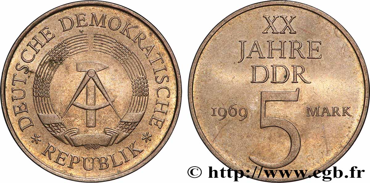 ALLEMAGNE RÉPUBLIQUE DÉMOCRATIQUE 5 Mark 20e anniversaire de la fondation de la RDA 1969 Berlin TTB+ 