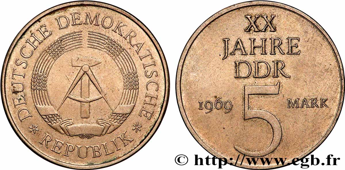 ALLEMAGNE RÉPUBLIQUE DÉMOCRATIQUE 5 Mark 20e anniversaire de la fondation de la RDA 1969 Berlin TTB+ 