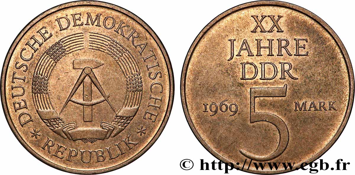 ALLEMAGNE RÉPUBLIQUE DÉMOCRATIQUE 5 Mark 20e anniversaire de la fondation de la RDA 1969 Berlin TTB+ 