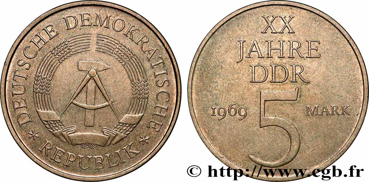 GERMAN DEMOCRATIC REPUBLIC 5 Mark 20e anniversaire de la fondation de la RDA 1969 Berlin AU 