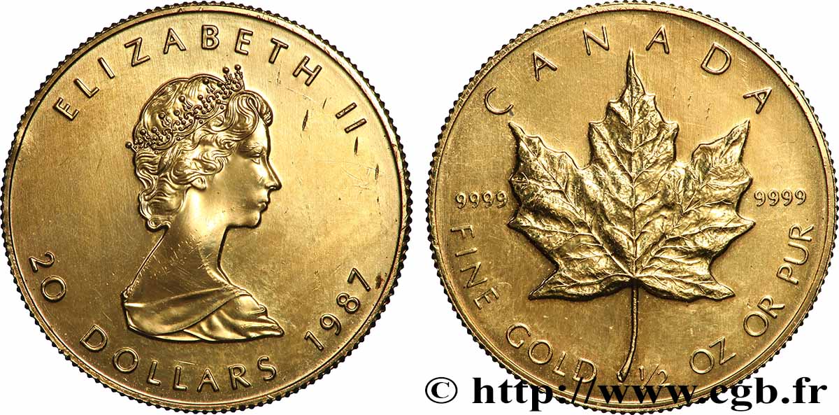 OR, PALLADIUM ET PLATINE INVESTISSEMENT 1/2 Oz - 20 Dollars or &nbsp;Maple leaf&nbsp; 1987  TTB+ 