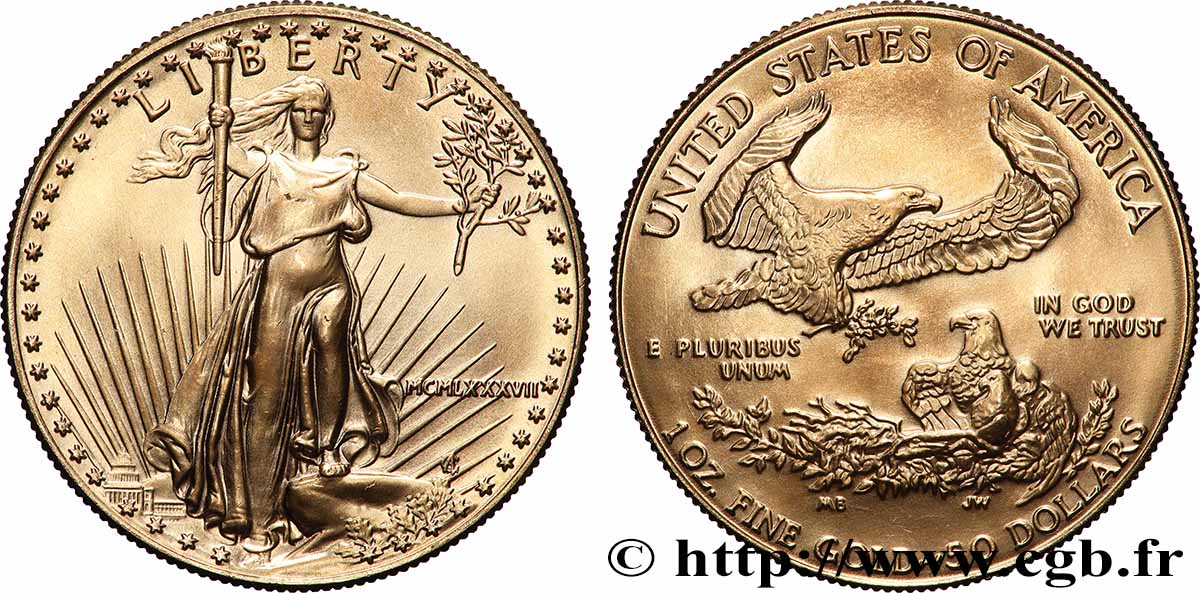 OR, PALLADIUM ET PLATINE INVESTISSEMENT 1 Oz - 50 Dollars  1987 Philadelphie SPL 