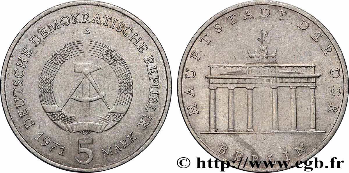 ALLEMAGNE RÉPUBLIQUE DÉMOCRATIQUE 5 Mark porte de Brandebourg à Berlin 1971 Berlin TTB+ 