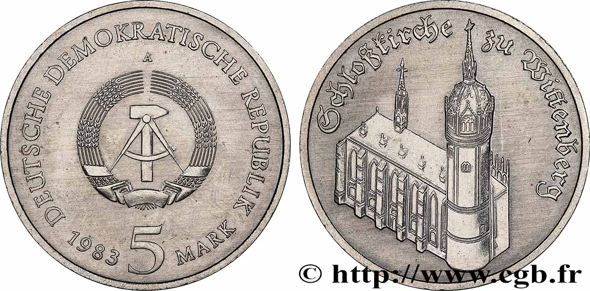 ALLEMAGNE RÉPUBLIQUE DÉMOCRATIQUE 5 Mark Église de Wittenberg 1983  SUP 