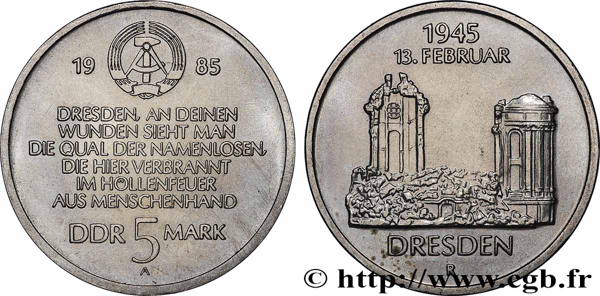 GERMAN DEMOCRATIC REPUBLIC 5 Mark Église Notre-Dame de Dresde 1985  MS 