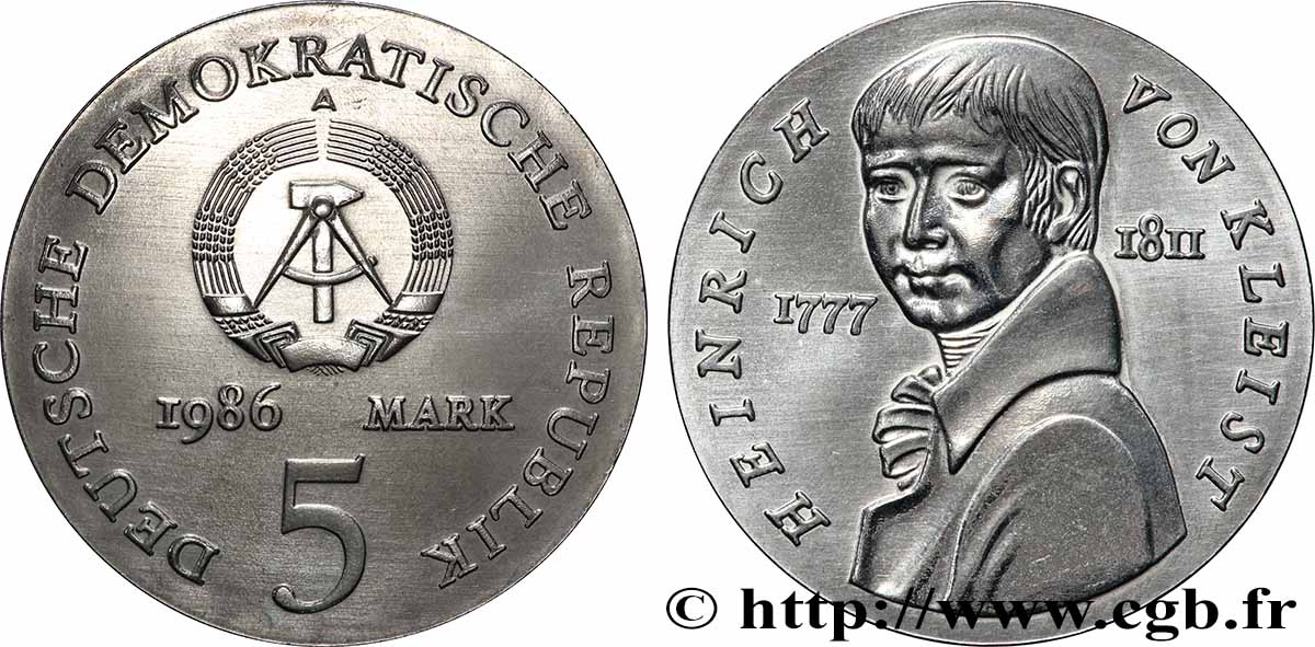 GERMAN DEMOCRATIC REPUBLIC 5 Mark Heinrich von Kleist 1986  MS 