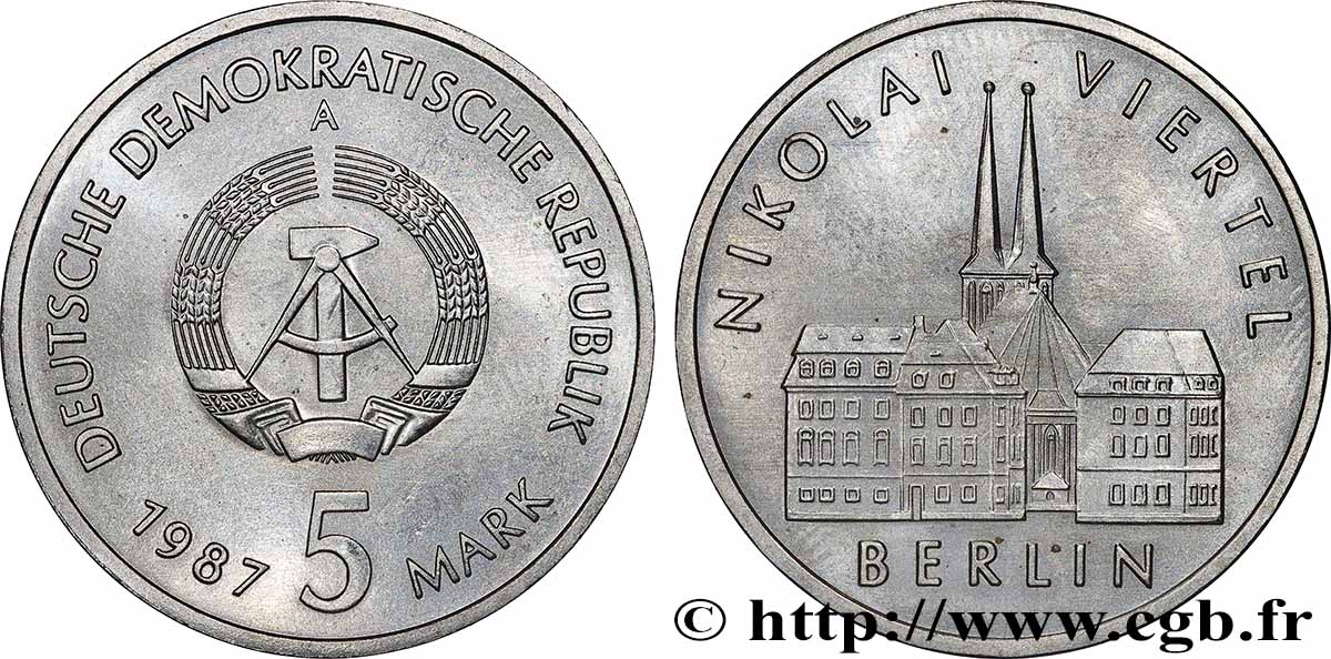 ALLEMAGNE RÉPUBLIQUE DÉMOCRATIQUE 5 Mark 750e annivesaire de la ville de Berlin 1987 Berlin SPL 