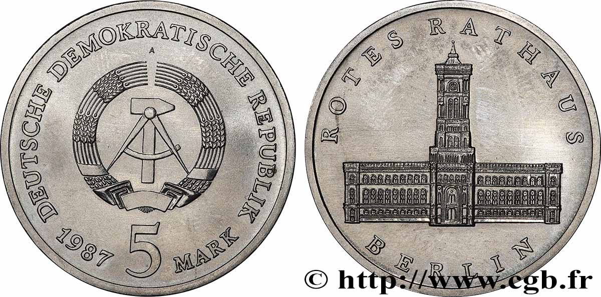 ALLEMAGNE RÉPUBLIQUE DÉMOCRATIQUE 5 Mark 750e annivesaire de la ville de Berlin - Rotes Rathaus 1987 Berlin SUP 