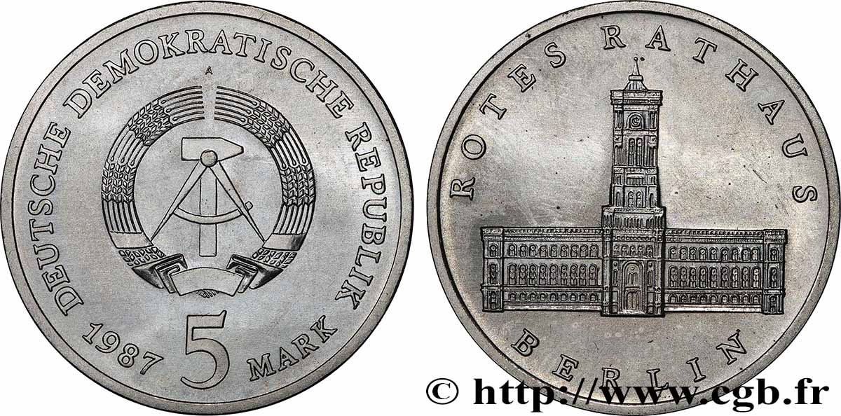 GERMAN DEMOCRATIC REPUBLIC 5 Mark 750e annivesaire de la ville de Berlin - Rotes Rathaus 1987 Berlin AU 
