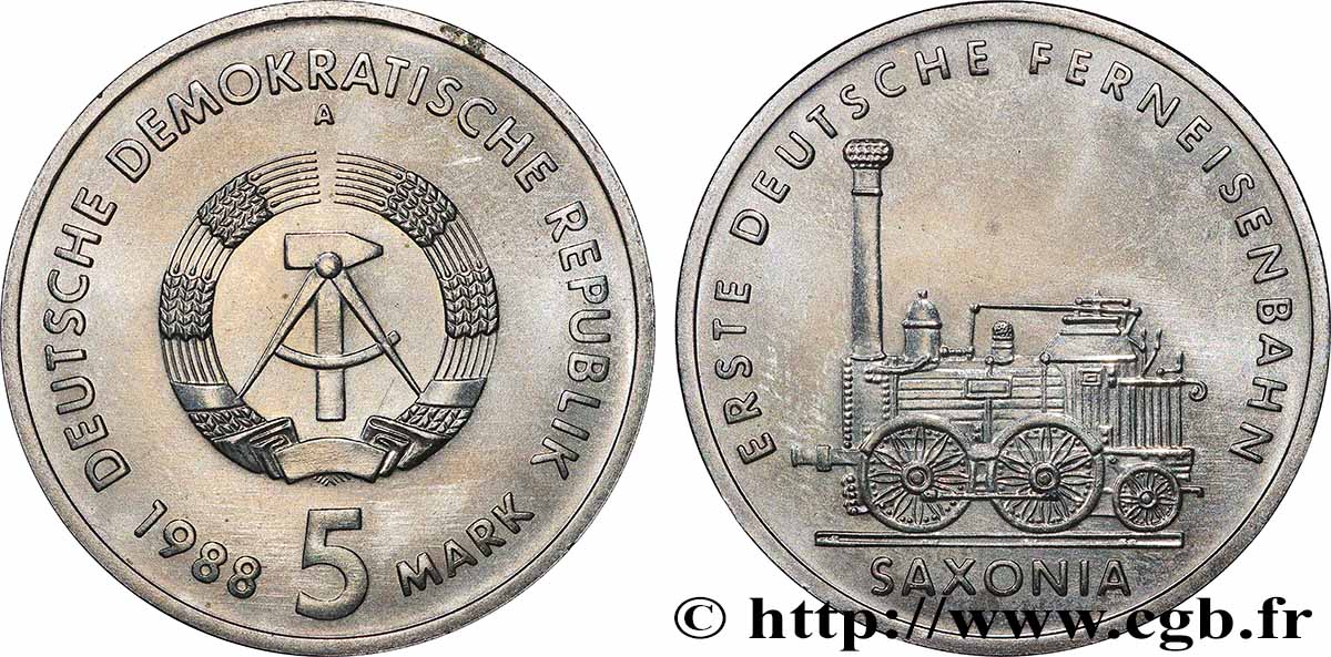 ALLEMAGNE RÉPUBLIQUE DÉMOCRATIQUE 5 Mark Chemin de Fer 1988 Berlin SUP 