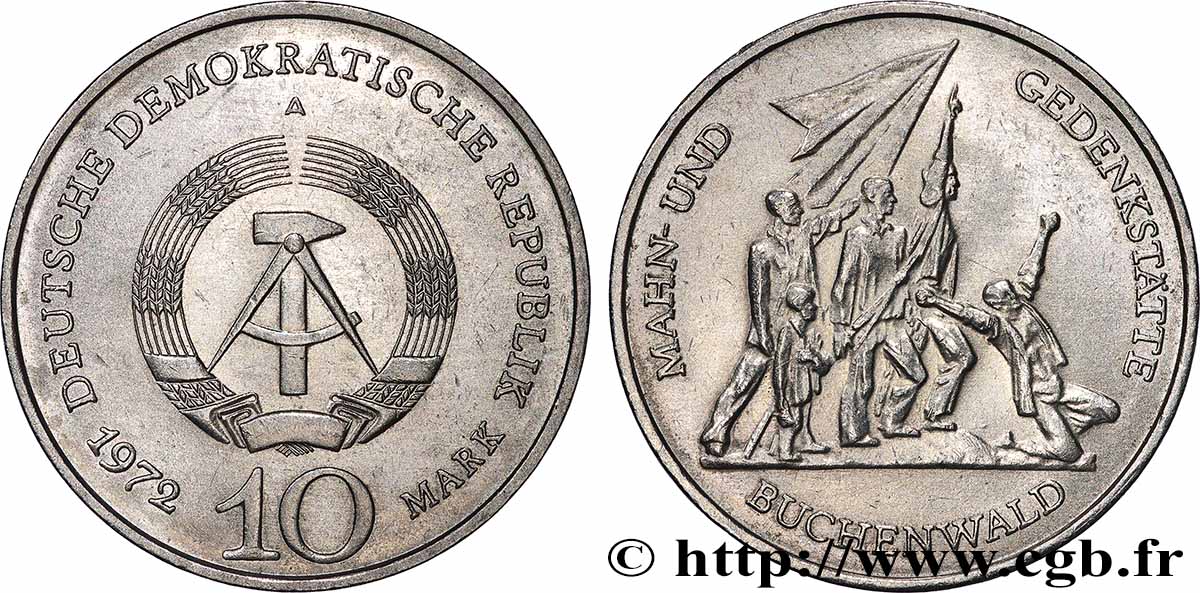 GERMAN DEMOCRATIC REPUBLIC 10 Mark armes de la RDA / Buchenwald 1972 Berlin AU 