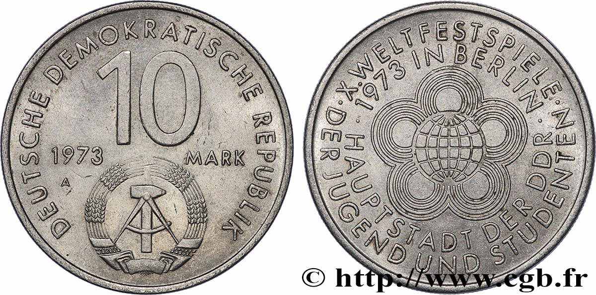 REPúBLICA DEMOCRáTICA ALEMANA 10 Mark 10e Festival mondial de la jeunesse et des étudiants 1973 Berlin MBC+ 