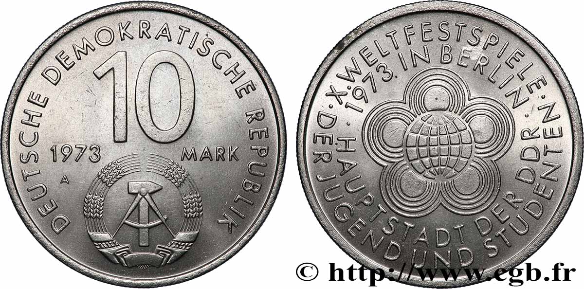 GERMAN DEMOCRATIC REPUBLIC 10 Mark 10e Festival mondial de la jeunesse et des étudiants 1973 Berlin AU 