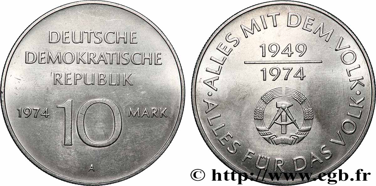 GERMAN DEMOCRATIC REPUBLIC 10 Mark 25 ans de la république démocratique 1974 Berlin AU 