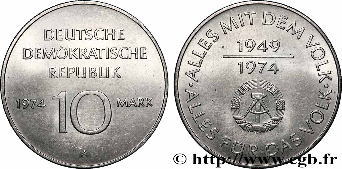 ALLEMAGNE RÉPUBLIQUE DÉMOCRATIQUE 10 Mark 25 ans de la république démocratique 1974 Berlin SUP 