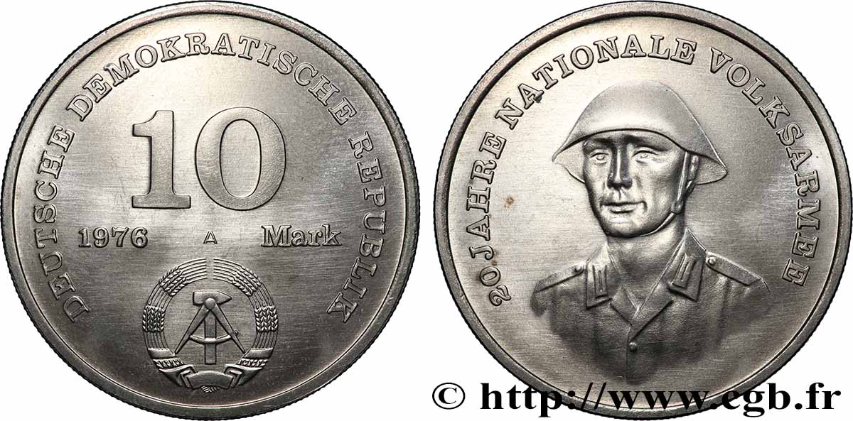 ALLEMAGNE RÉPUBLIQUE DÉMOCRATIQUE 10 Mark 20e anniversaire de l’armée nationale 1976 Berlin SUP 