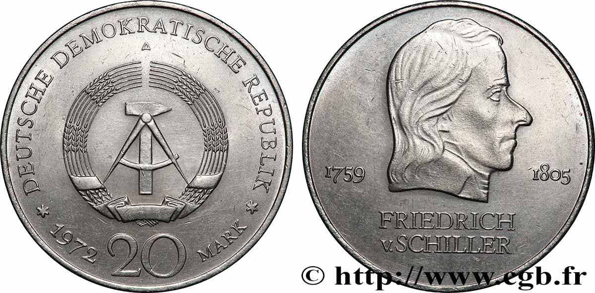 ALLEMAGNE RÉPUBLIQUE DÉMOCRATIQUE 20 Mark Friedrich von Schiller 1972 Berlin SUP 