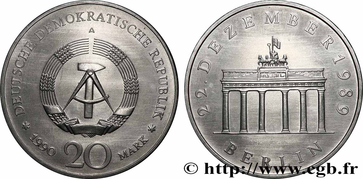 DEUTSCHE DEMOKRATISCHE REPUBLIK 20 Mark Porte de Brandebourg 1990  VZ 