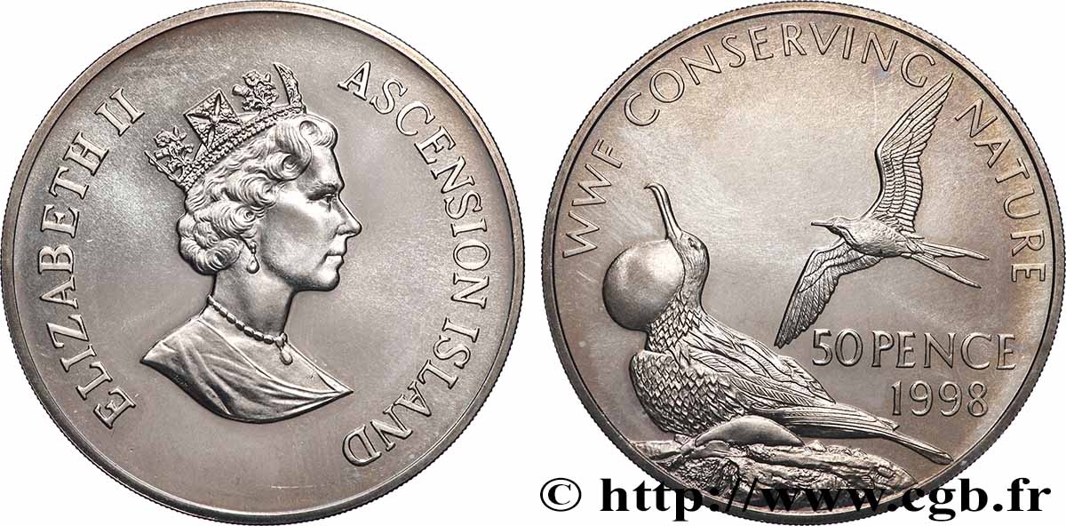 ASCENSION ISLAND 50 Pence Conservation de la Nature WWF : Elizabeth II / phaétons à bec jaune 1998  MS 