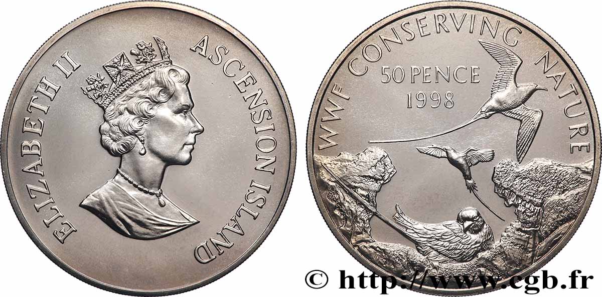 ASCENSIONE 50 Pence Conservation de la Nature WWF : Elizabeth II / phaétons à bec jaune 1998  MS 