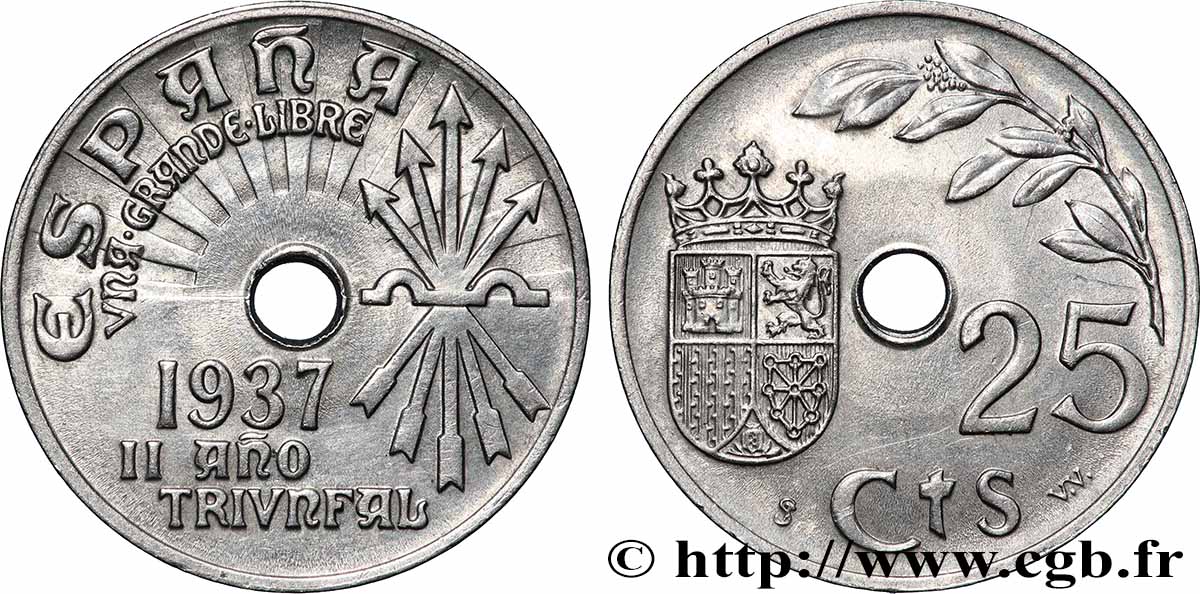 ESPAGNE 25 Centimos monnayage nationaliste 1937 Vienne SUP 