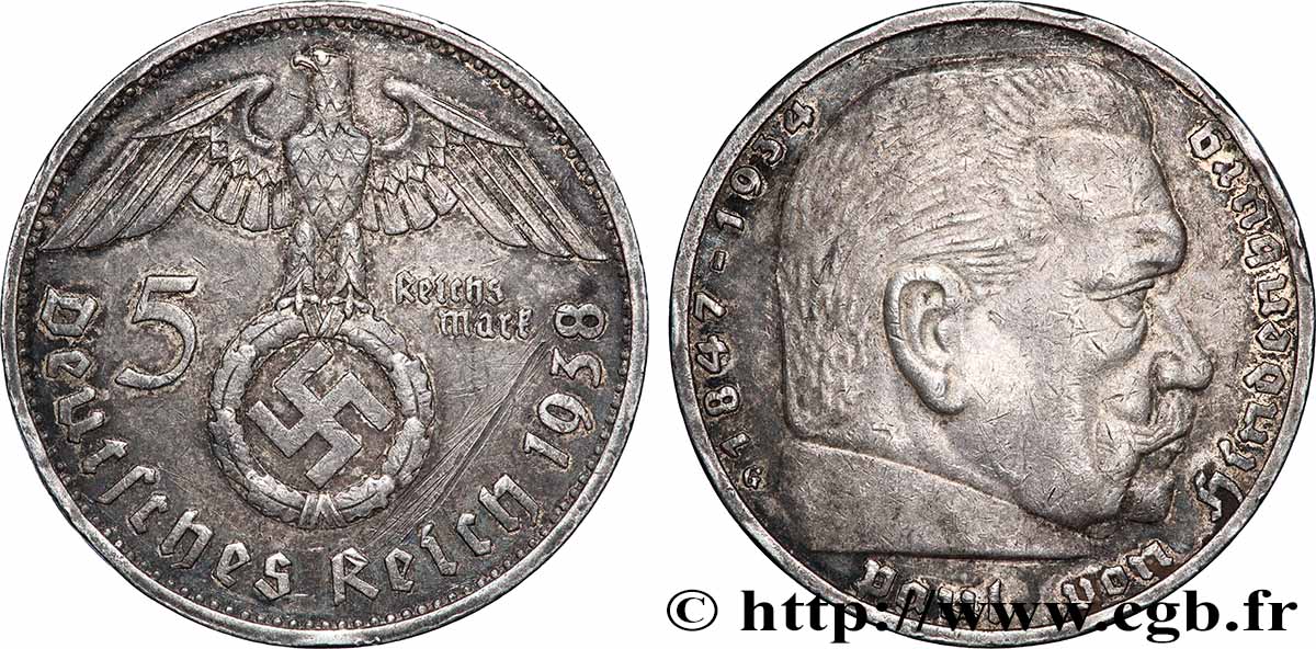 ALLEMAGNE 5 Reichsmark Maréchal Paul von Hindenburg 1938 Karlsruhe TTB 