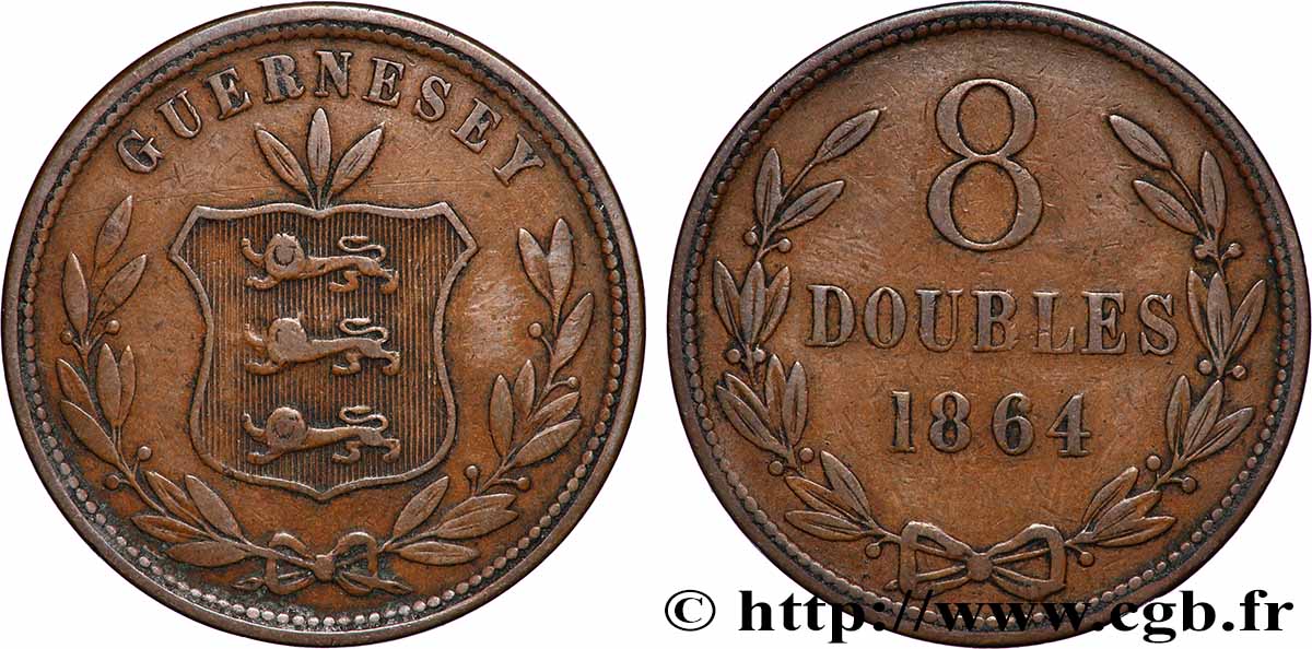 GUERNESEY 8 Doubles armes du baillage de Guernesey 1864 Heaton TTB 