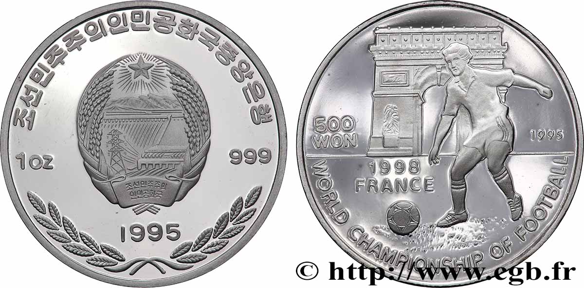 NORTH KOREA 500 Won Proof Coupe du Monde de football 1998 à Paris 1995  MS 