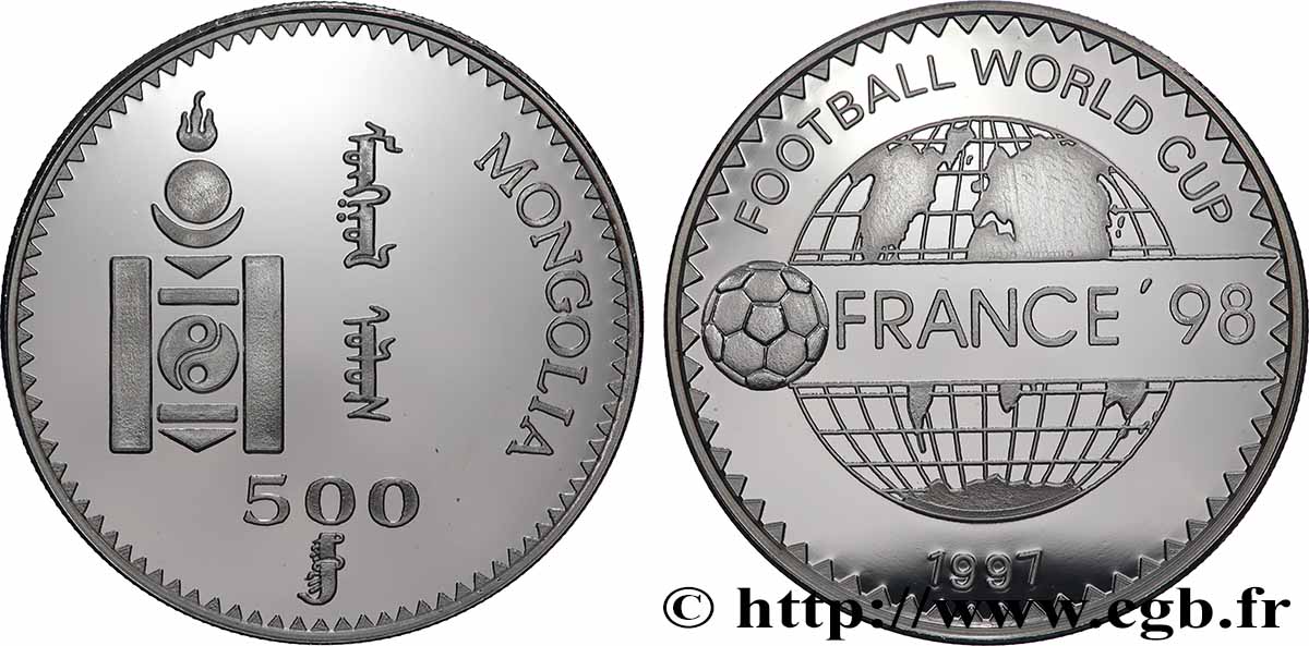 MONGOLEI 500 Tugrik coupe du Monde de football France 1998 1997  fST 