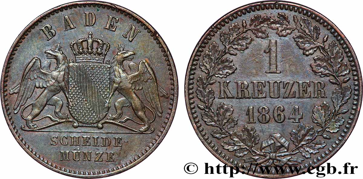 ALLEMAGNE - BADE 1 Kreuzer Grand-Duché de Bade 1864  SUP 