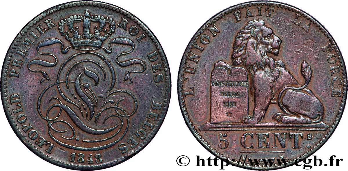 BELGIQUE 5 Centimes Léopold Ier  1848 Bruxelles TTB 