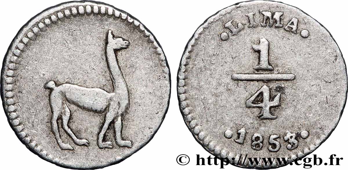 PÉROU 1/4 Real Lama 1853 Lima TB+ 