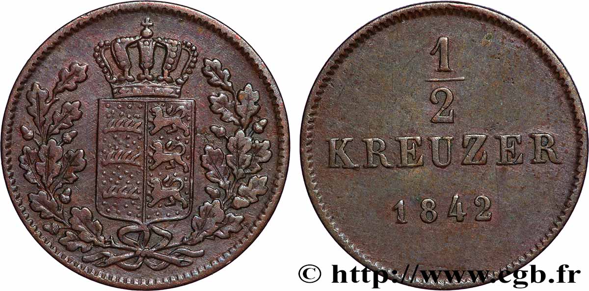 ALLEMAGNE - WURTEMBERG 1/2 Kreuzer 1842 Stuttgart TTB 