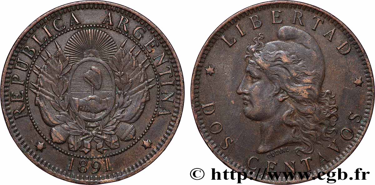 ARGENTINE 2 Centavos emblème / “Liberté” 1891  TTB 
