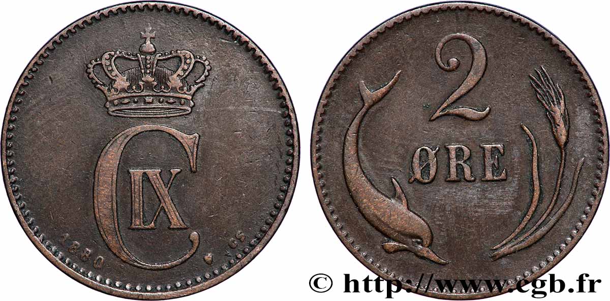 DANEMARK 2 Ore Christian IX 1880 Copenhague TTB 