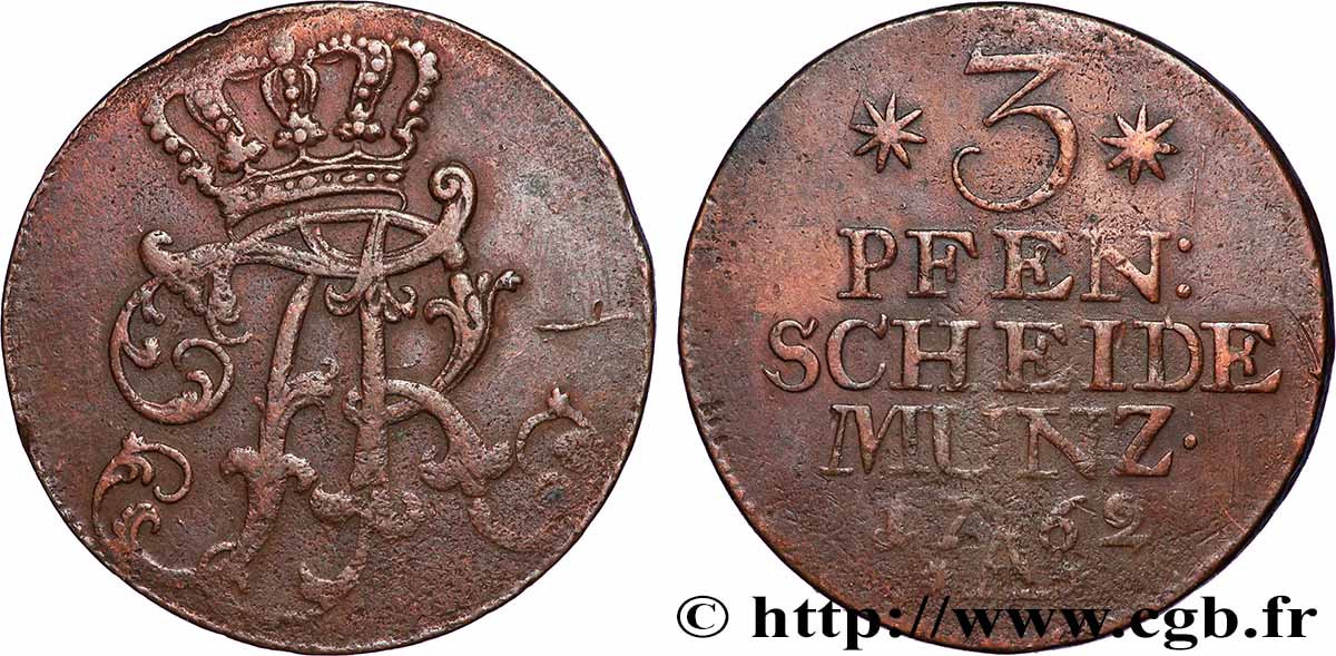 ALLEMAGNE - ROYAUME DE PRUSSE - FRÉDÉRIC II LE GRAND 3 Pfennig Frédéric II de Prusse 1762 Berlin TB+ 