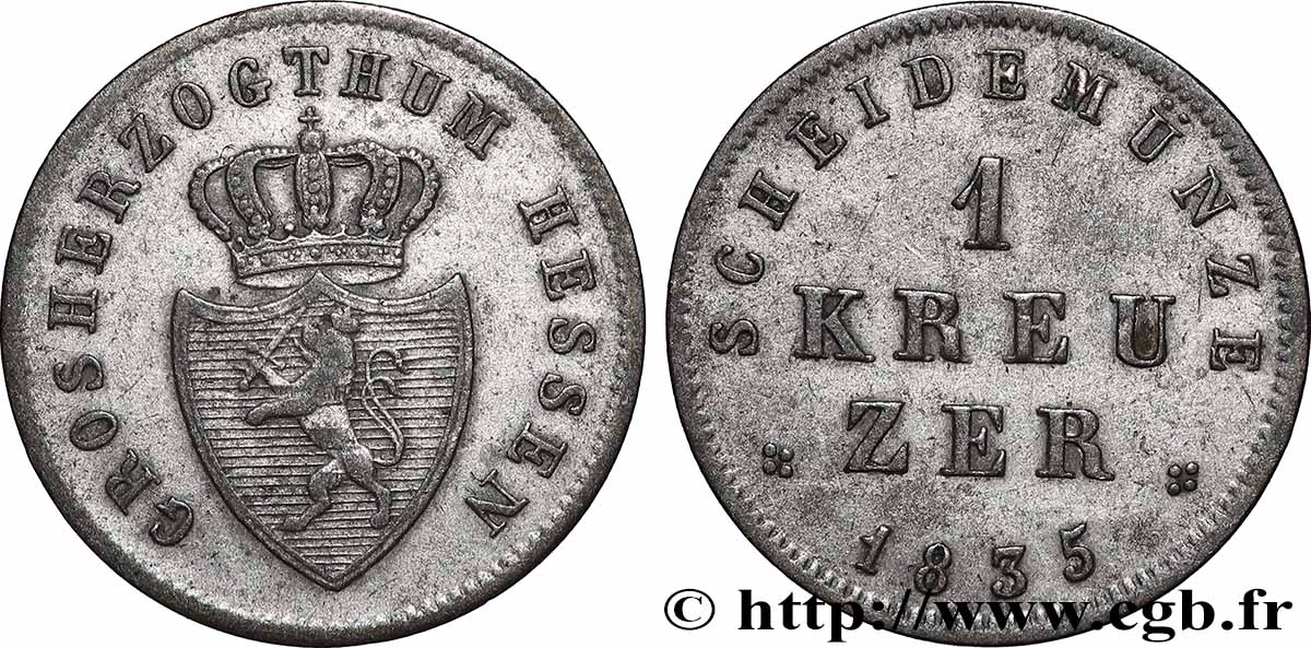 ALLEMAGNE - HESSE 1 Kreuzer Louis II de Hesse-Darmstadt 1835  TTB+ 