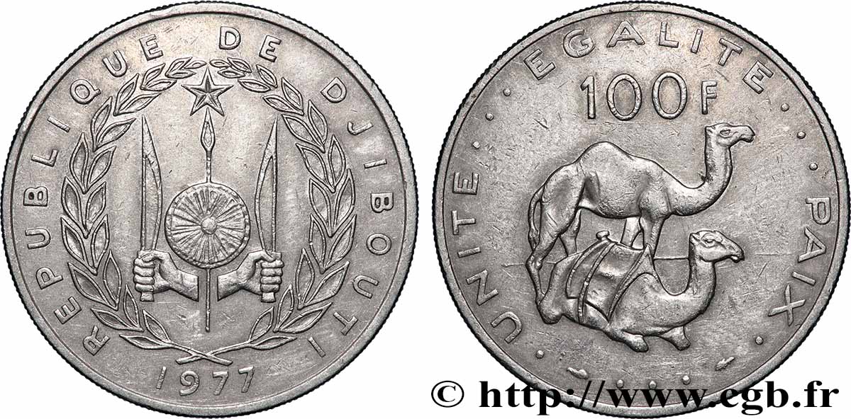 DJIBOUTI 100 Francs  emblème / dromadaires 1977 Paris SUP 