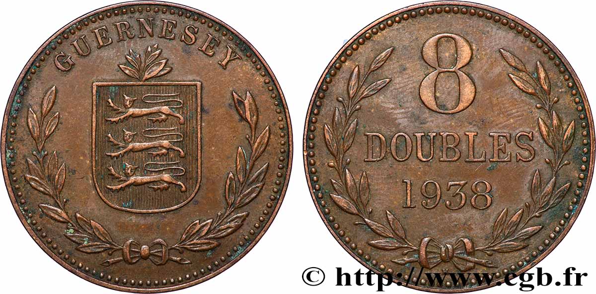 GUERNESEY 8 Doubles armes du baillage de Guernesey 1938 Heaton SUP 