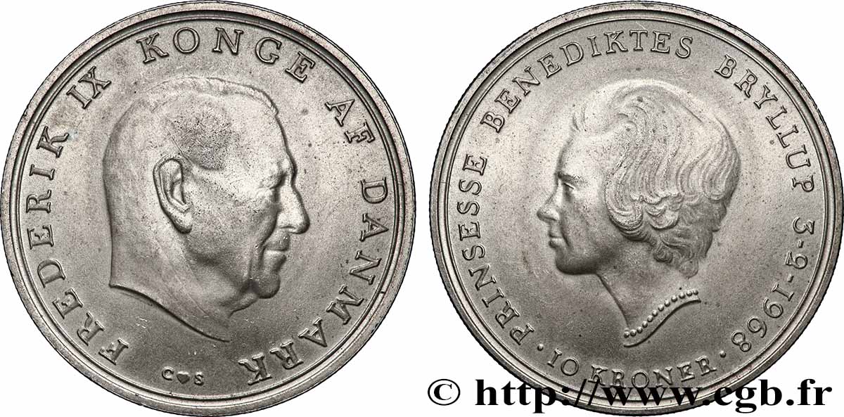 DINAMARCA 10 Kroner mariage de la princesse Benedikte 1968 Copenhague SPL 
