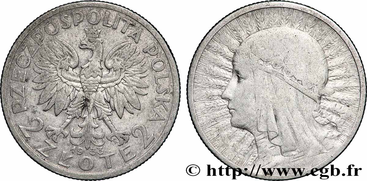 POLOGNE 2 Zlote reine Jadwiga 1933 Varsovie TB+ 