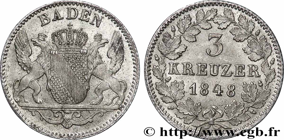 ALLEMAGNE - BADE 3 Kreuzer Grand-Duché de Bade 1848  SUP 