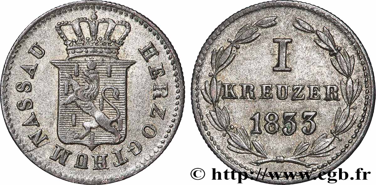 ALLEMAGNE - NASSAU 1 Kreuzer Grand-Duché de Nassau 1833  TTB+ 