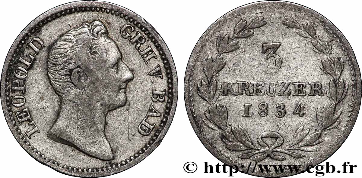 ALLEMAGNE - BADE 3 Kreuzer Léopold  1834 Karlsruhe TB+ 