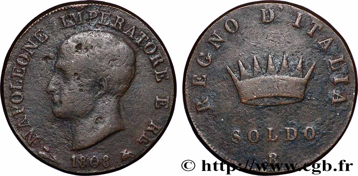 ITALIE - ROYAUME D&nbsp;ITALIE - NAPOLÉON Ier 1 Soldo 1808 Bologne TB 